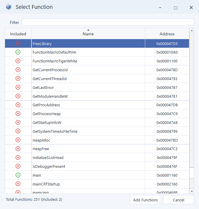 Select Function dialog for a MAP file