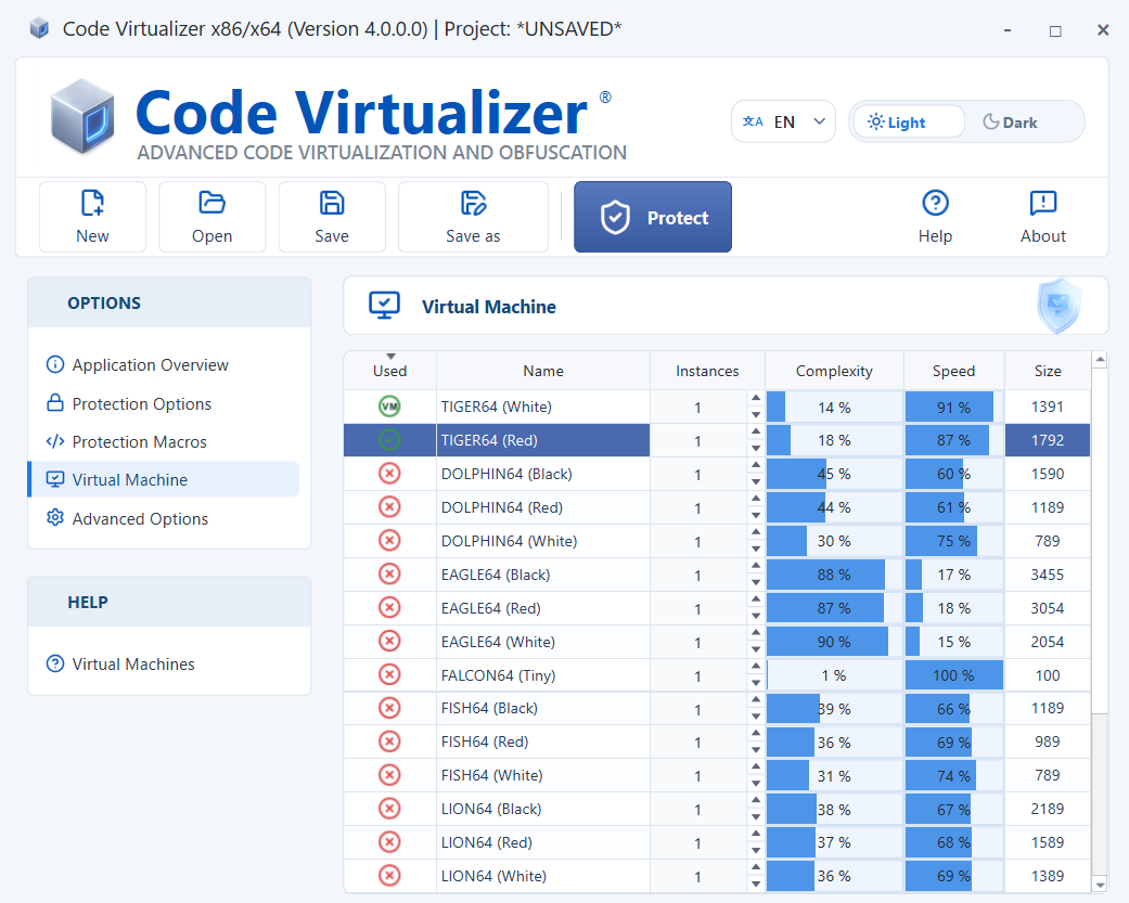 Code Virtualizer Virtual Machine settings